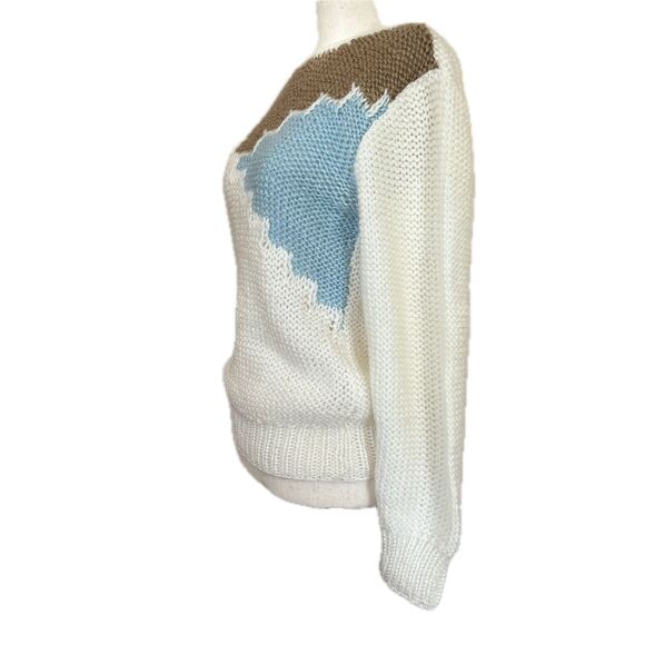 Vintage 80s Sharon Sports Knit Sweater S Acrylic Colorblock White Brown Blue - Picture 3 of 9